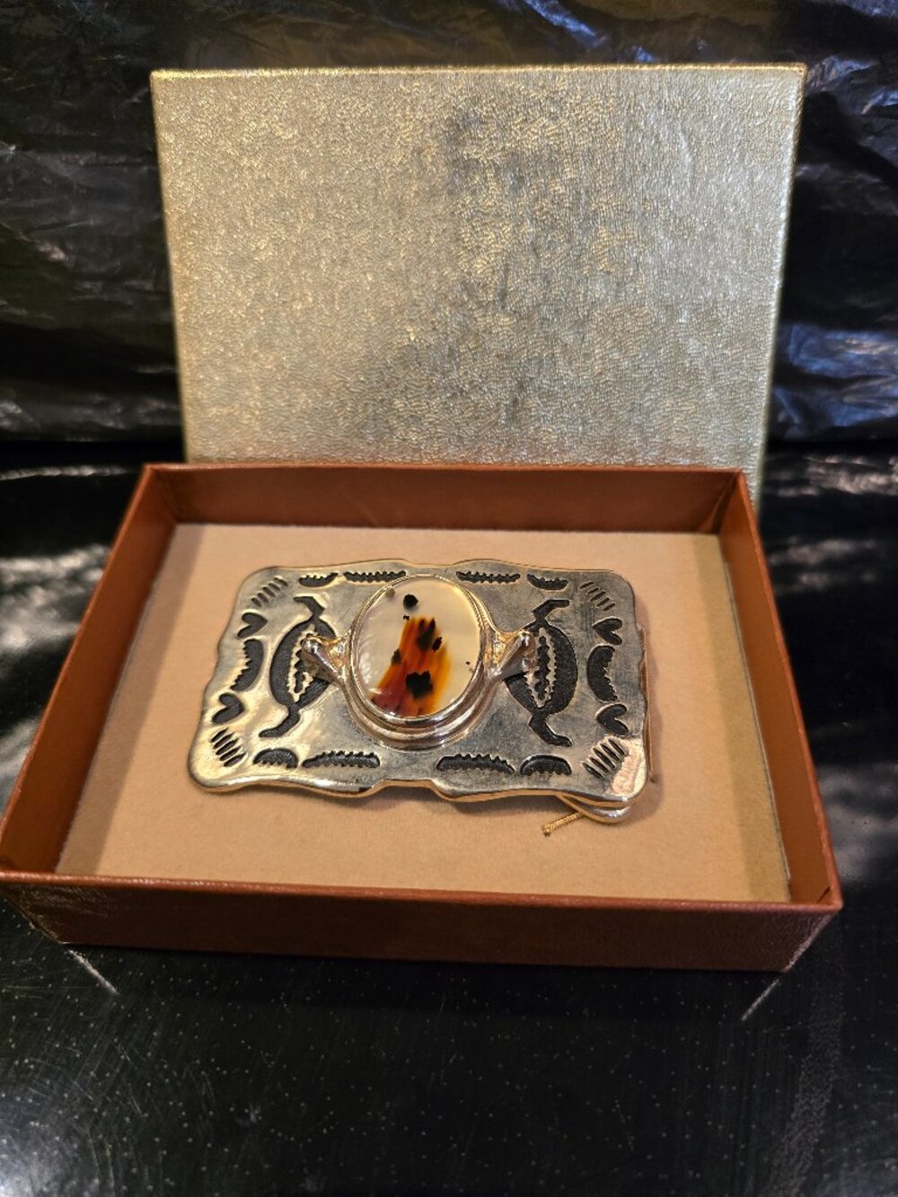 Belt Buckle Native American-style Montana Moss Agate Stamped Eterna-Klad NEW BOX